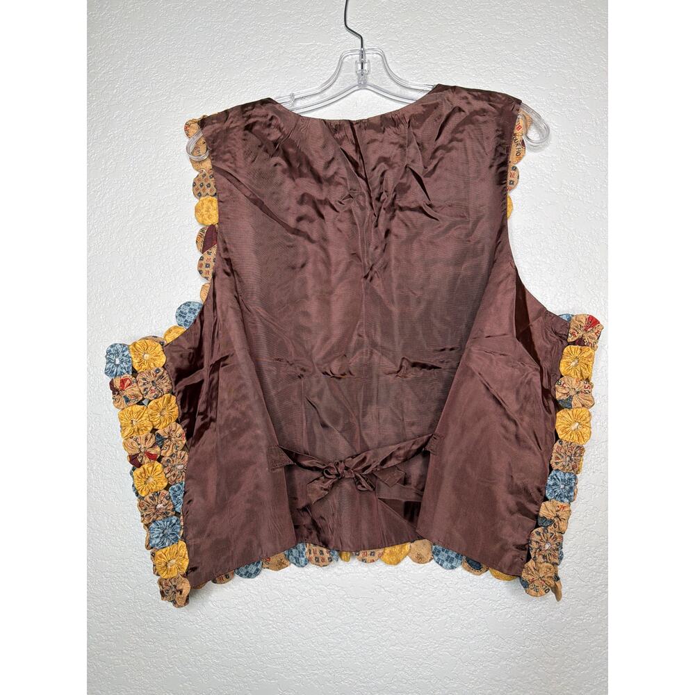 Handmade Yo-Yo Quilt Vest Multicolor Patchwork One Button Satin Back Adj Tie - Picture 4 of 9